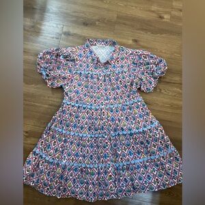 entro Floral Diamond Print Tiered Dress in White, Red, Blue and Green